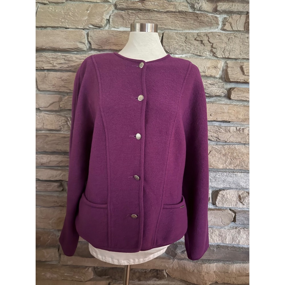 Geiger Austria Boiled Wool Jacket Women 46 Purple Silver Crest Button Collarless